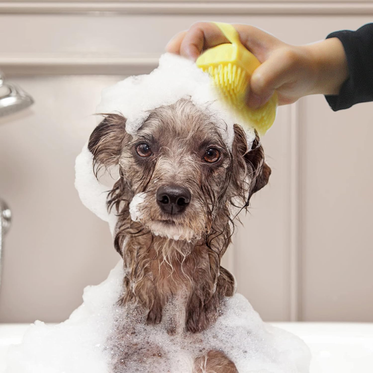 Silicone Pet Grooming Fur Brush, Soft Bath & Massage Scrubber - Yellow