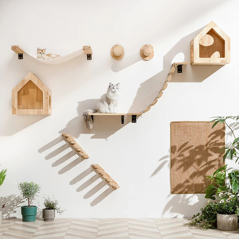Cat Wall Climbing Shelf Steps Ladder Scratching Post Scratcher Bed Hiding House for Cats Tree Tower Pet Furniture Accessories